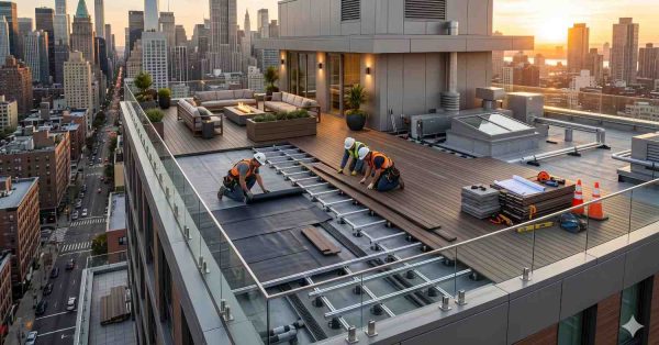 Workers install composite rooftop decking on a luxury high-rise terrace overlooking a modern city skyline at sunset. Construction materials, framing systems, and safety equipment are visible beside outdoor lounge furniture and fire pit seating. Expansive rooftop design combines urban architecture, premium outdoor living, and professional deck installation with panoramic metropolitan views and contemporary finishes.
