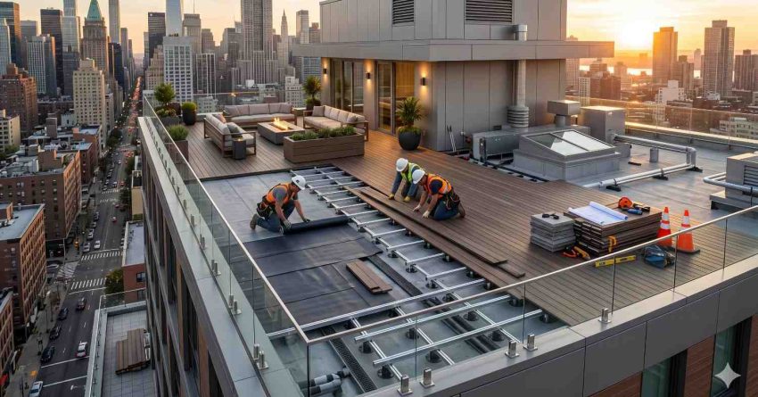 Workers install composite rooftop decking on a luxury high-rise terrace overlooking a modern city skyline at sunset. Construction materials, framing systems, and safety equipment are visible beside outdoor lounge furniture and fire pit seating. Expansive rooftop design combines urban architecture, premium outdoor living, and professional deck installation with panoramic metropolitan views and contemporary finishes.