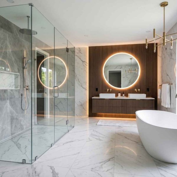 Luxury modern bathroom with freestanding soaking tub, walk-in glass shower, marble tile walls, and illuminated round mirror. Spa-inspired bathroom design featuring a floating double vanity, designer lighting, premium fixtures, and high-end residential interior remodeling.