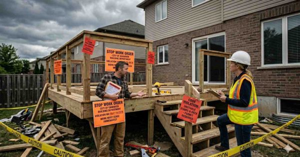 Homeowner and construction inspector stand beside a partially built backyard deck marked with multiple stop-work and code violation notices. Caution tape, unfinished stairs, and storm clouds emphasize construction issues, permit problems, and project delays.