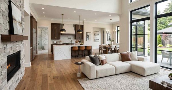 Bright modern open concept living room with high ceilings, large black framed windows, and natural wood flooring Features a white sectional sofa, stone fireplace, and elegant kitchen with marble island, dark wood cabinets, and pendant lighting Dining area overlooks landscaped backyard, creating a spacious luxurious interior with contemporary minimalist design and warm natural accents