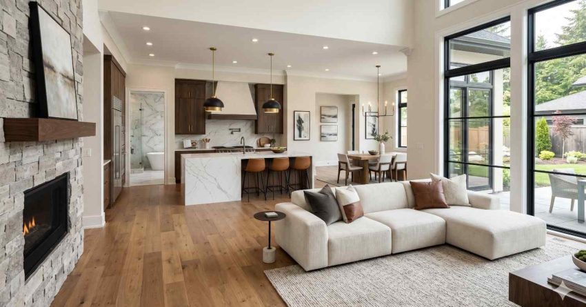 Bright modern open concept living room with high ceilings, large black framed windows, and natural wood flooring Features a white sectional sofa, stone fireplace, and elegant kitchen with marble island, dark wood cabinets, and pendant lighting Dining area overlooks landscaped backyard, creating a spacious luxurious interior with contemporary minimalist design and warm natural accents
