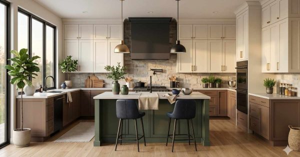 Elegant modern kitchen with white upper cabinets, dark wood lower cabinets, a green island with seating, and stone backsplash. Pendant lighting, large windows, and warm wood flooring create a sophisticated contemporary interior.