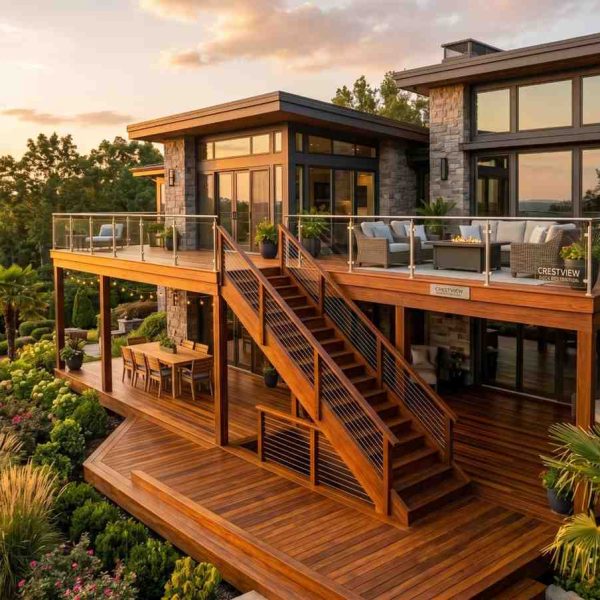 Multi-level luxury deck with hardwood decking, glass railings, and custom staircase overlooking landscaped gardens. Elevated outdoor living space attached to a modern stone home features lounge and dining areas, showcasing premium deck construction, backyard renovation, outdoor entertaining, and high-end residential design.