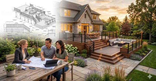 Homeowners meet with a design consultant to review plans for a custom backyard deck project. Architectural drawings and blueprints appear alongside a completed multi-level deck featuring illuminated stairs, railings, dining and lounge areas. The image illustrates the deck design process, project planning, collaboration, and transformation from concept to finished outdoor living space.