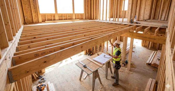 Construction worker inspects engineered floor framing inside a new residential building. Large wooden joists span an open area while the contractor reviews blueprints and measures structural components. The unfinished interior reveals wall framing, support beams, and subfloor preparation, highlighting precision planning, load-bearing design, and professional construction practices.