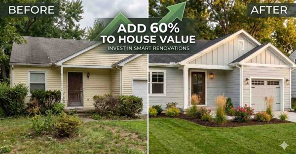 Before-and-after home exterior renovation comparison showing a dated house transformed into a modern, attractive property. The upgraded version features new siding, enhanced architectural details, updated landscaping, improved curb appeal, and a garage addition. Promotional text highlights increased home value through strategic remodeling and smart renovation investments.