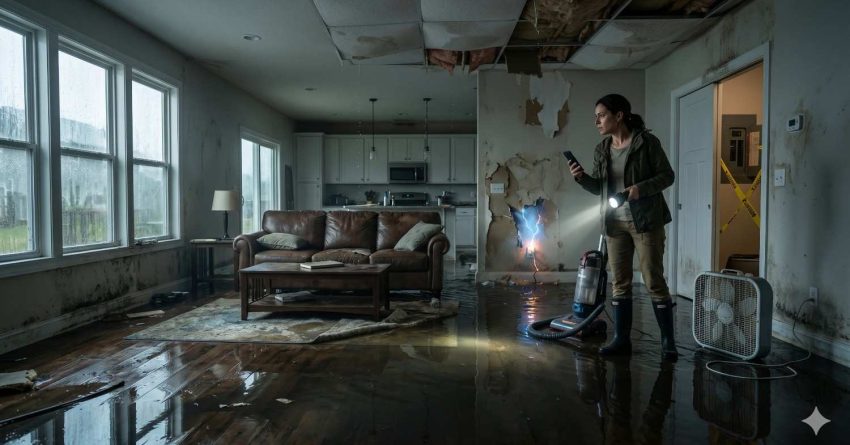 A woman stands in a severely water-damaged living room holding a flashlight and phone. The flooded floor reflects damaged ceilings, peeling walls, and exposed insulation, while fans and cleanup equipment indicate ongoing restoration after major water intrusion or storm damage.