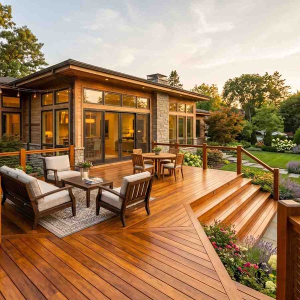 Luxury hardwood deck with custom herringbone decking pattern, cable railing system, and premium outdoor seating area. Modern backyard living space showcasing custom deck construction, upscale landscape design, residential outdoor entertainment, and luxury home improvement with seamless indoor-outdoor living.