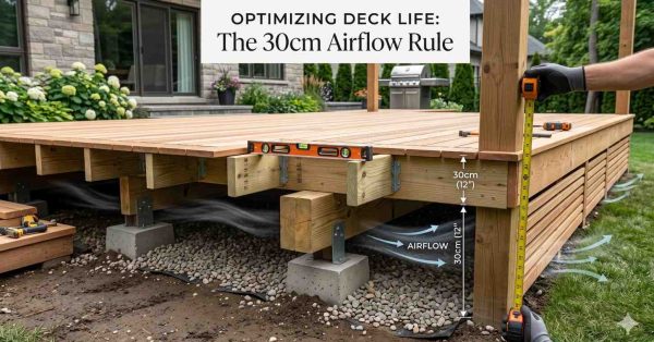 Illustration of deck construction showing the “30cm Airflow Rule” for optimizing deck lifespan. Measurements, airflow arrows, and framing details demonstrate proper ventilation beneath a raised deck to reduce moisture buildup and improve durability in an outdoor residential setting.