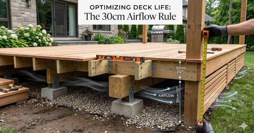 Illustration of deck construction showing the “30cm Airflow Rule” for optimizing deck lifespan. Measurements, airflow arrows, and framing details demonstrate proper ventilation beneath a raised deck to reduce moisture buildup and improve durability in an outdoor residential setting.