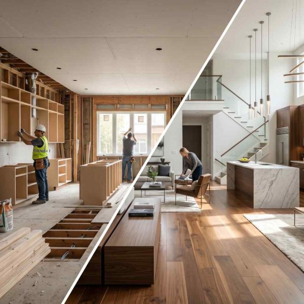Home renovation before-and-after comparison showing a construction site transformed into a modern luxury interior. Contemporary open-concept living space featuring custom cabinetry, hardwood flooring, elegant kitchen design, staircase, and high-end home remodeling results.