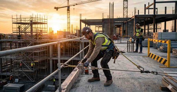 Construction workers wearing safety harnesses and helmets work on a high-rise building site at sunset. Scaffolding, cranes, and steel frameworks surround the active construction area as crews secure equipment and materials.