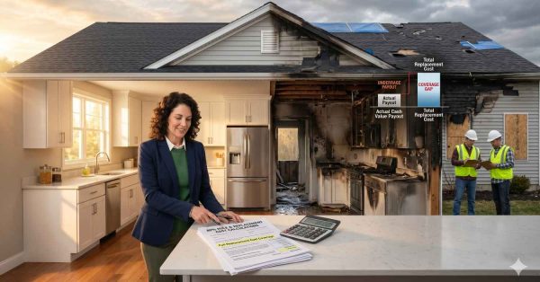 A split-scene home restoration image contrasts a clean renovated kitchen with a fire-damaged house exterior, while a woman reviews insurance paperwork and contractors assess repair costs and coverage gaps after property damage.