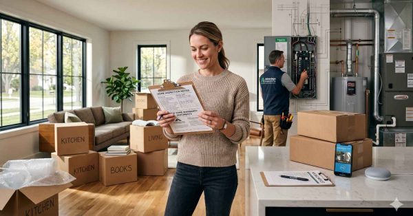 Smiling homeowner reviews inspection documents inside a bright modern house while moving boxes fill the living space A technician services electrical and HVAC systems in the background Smart home devices, labeled packing boxes, and organized paperwork highlight home maintenance, relocation preparation, and modern residential technology integration within a clean contemporary interior environment safely