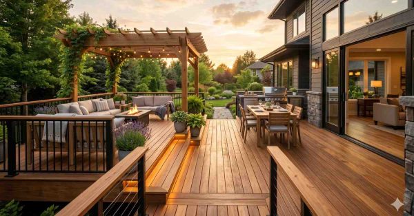 Spacious backyard deck featuring a modern outdoor living area with pergola, string lights, fire pit seating, dining table, and built-in barbecue grill. Warm sunset lighting highlights natural wood decking, landscaped gardens, and seamless indoor-outdoor connection through large sliding glass doors. Contemporary patio design creates an inviting entertainment space for relaxing, dining, and gatherings.