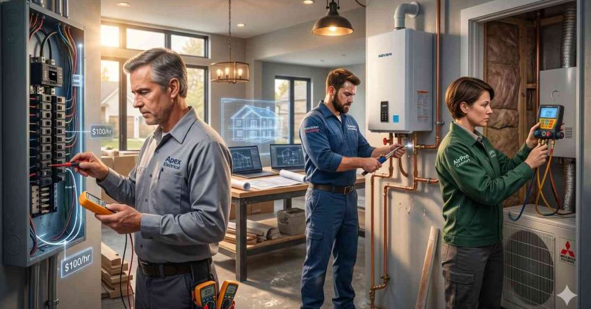 Three home service technicians perform electrical, plumbing, and HVAC work inside a modern house. One tests an electrical panel, another installs piping for a water heater, and a third checks HVAC equipment using diagnostic tools