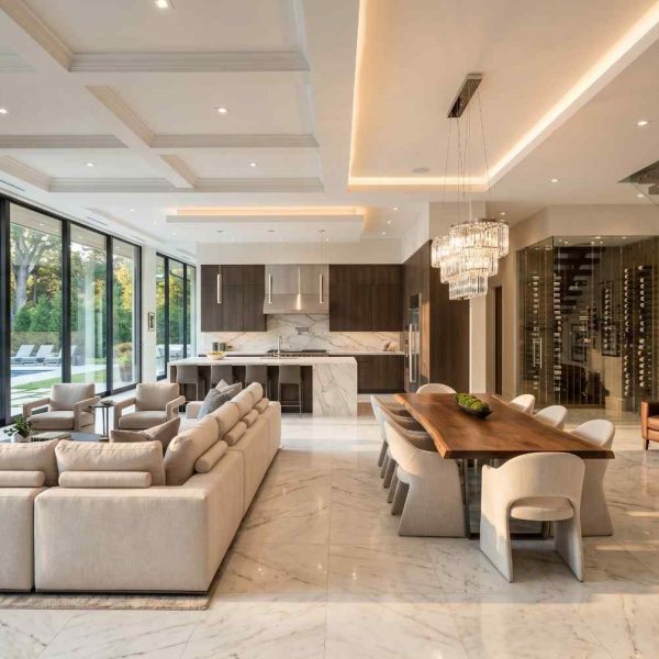 Luxury modern open-concept living and dining area with marble flooring, designer chandelier, gourmet kitchen, floating staircase, and floor-to-ceiling glass windows. Elegant contemporary interior design featuring premium finishes, custom furnishings, and upscale residential architecture.