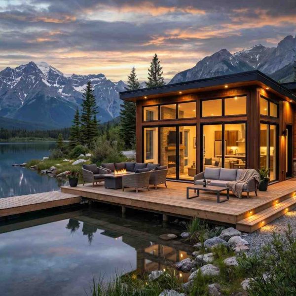 Luxury lakeside cabin with a waterfront deck, outdoor lounge seating, and fire pit overlooking a mountain lake at sunset. Modern retreat surrounded by pine forests showcases premium outdoor living, custom deck design, scenic waterfront views, contemporary architecture, and luxury mountain getaway accommodations.