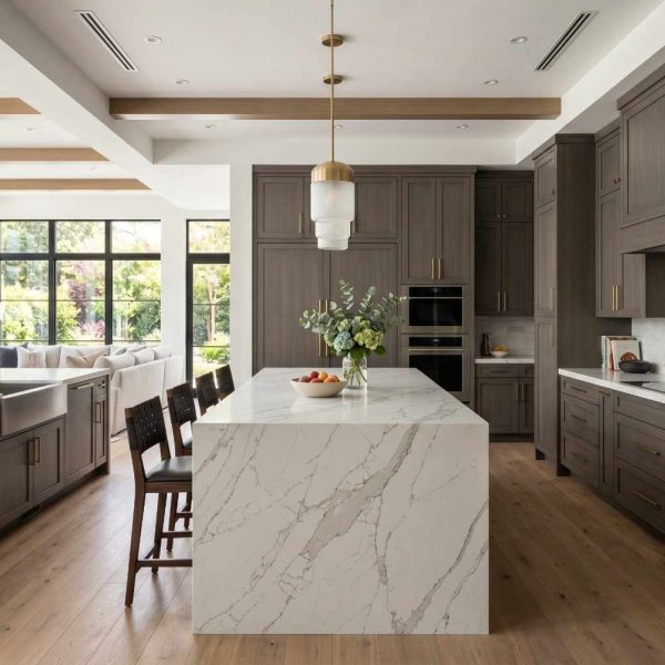 Luxury modern kitchen with a large quartz waterfall island, custom dark wood cabinetry, hardwood flooring, and designer pendant lighting. Open-concept kitchen design featuring premium appliances, elegant finishes, abundant natural light, and high-end residential interior remodeling.