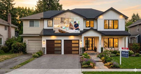 Split-view suburban home transformation showing original older house beside newly renovated modern residence at sunset. Contemporary exterior features updated siding, large windows, landscaped front yard, and double garage. Interior overlay reveals homeowners and contractor reviewing renovation plans in bright kitchen. Real estate sold signs emphasize successful residential remodel and property value improvement.