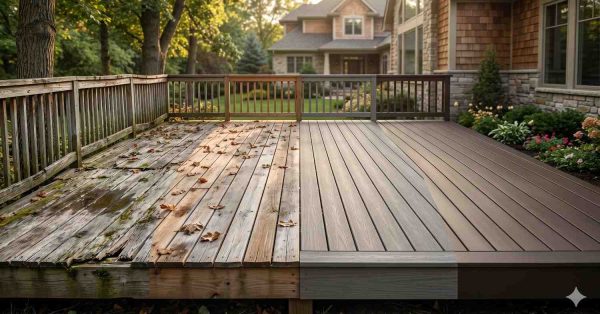 Split-view image comparing an old weathered wooden deck with a newly renovated composite deck. The updated side features clean modern boards and improved durability, highlighting outdoor home improvement and deck replacement transformation.