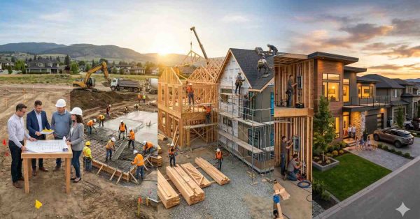 Construction crews build modern suburban homes at sunset, showing multiple stages from foundation pouring to framing and finishing Workers install roofing, walls, and utilities while architects review blueprints nearby Heavy machinery, lumber stacks, and scaffolding fill the active development site beside completed luxury houses in a growing residential neighborhood community
