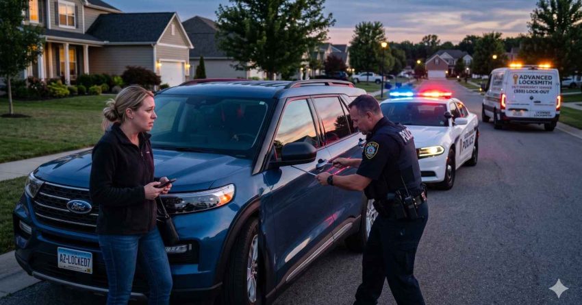 Concerned woman stands beside a locked SUV in a suburban neighborhood while a police officer assists near the vehicle. Flashing patrol lights and a locksmith van in the background suggest a roadside lockout or emergency assistance situation at dusk.