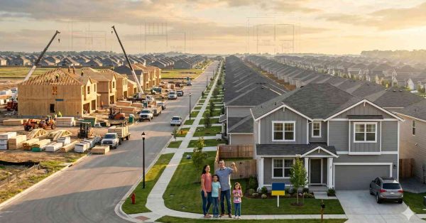 Family stands outside a completed suburban home in a large residential development. Nearby houses remain under construction with cranes, framing crews, and building materials visible along newly developed neighborhood streets.