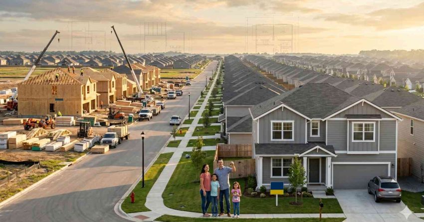 Family stands outside a completed suburban home in a large residential development. Nearby houses remain under construction with cranes, framing crews, and building materials visible along newly developed neighborhood streets.