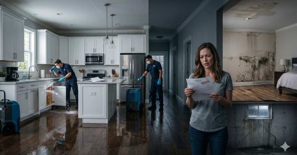 Worried homeowner reading a denied insurance claim while water damage restoration workers clean a flooded kitchen. Mold growth, ceiling stains, and basement cracks highlight severe home damage caused by leaks, flooding, and moisture issues in the property.
