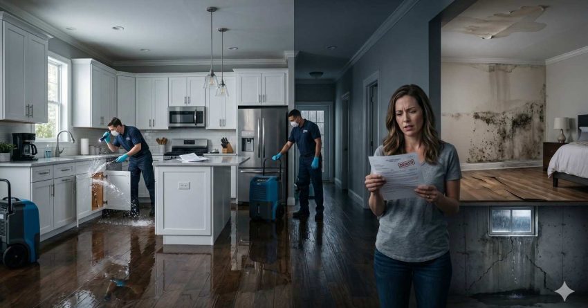 Worried homeowner reading a denied insurance claim while water damage restoration workers clean a flooded kitchen. Mold growth, ceiling stains, and basement cracks highlight severe home damage caused by leaks, flooding, and moisture issues in the property.