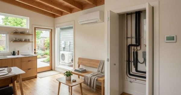 Detached ADU with an efficient ductless heat pump, outdoor condenser, thermostat, ventilation, and integrated heating and cooling system.