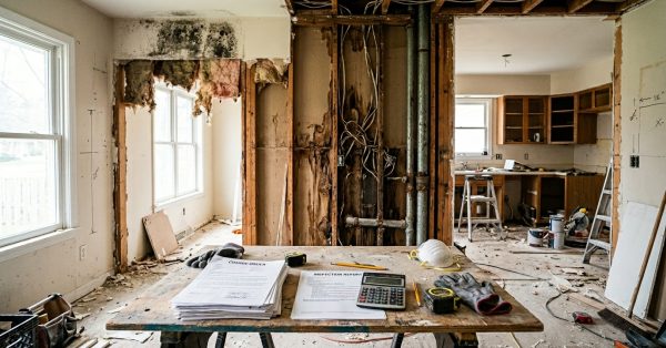 Photorealistic whole-home renovation project revealing the hidden costs that homeowners often discover after construction begins. A typical suburban house is undergoing a major remodel, with several areas opened up to expose unexpected problems behind walls, ceilings, and floors. Visible hidden-cost discoveries include: Water-damaged framing behind removed drywall Old plumbing pipes requiring replacement Outdated electrical wiring exposed in wall cavities Mold remediation areas Termite-damaged wood framing Uneven subfloors requiring leveling HVAC ductwork needing upgrades Structural beam reinforcement work Hidden roof leak damage Insulation deficiencies revealed during demolition Permit and inspection paperwork Change order documents stacked on a worktable The home should show a realistic renovation in progress: Kitchen partially demolished Bathroom stripped to the studs Open wall cavities Construction materials staged throughout the house Flooring removed in some rooms Dust barriers and protective coverings Toolboxes and renovation equipment On a central worktable are: Original renovation budget Contractor estimates Change order paperwork Material samples Inspection reports Permit documents Calculator Laptop displaying renovation costs (no readable text) The scene should communicate the gap between expected renovation costs and unexpected discoveries. Realistic middle-class home, natural daylight, authentic construction environment, true-to-life colors, realistic textures, documentary-style remodeling photography, professional DSLR camera image, architectural photography, sharp focus, natural shadows, no people. Negative Prompt: CGI, rendering, illustration, cartoon, AI-generated look, luxury mansion, construction disaster, dramatic collapse, dramatic cinematic lighting, oversaturated colors, workers, homeowners, readable documents, text, labels, logos, watermarks.