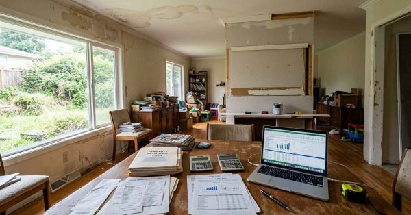 Suburban home with clutter, deferred maintenance, unfinished repairs, overgrown landscaping, and property valuation documents, illustrating common homeowner mistakes that can negatively influence a real estate appraisal.