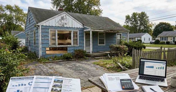 Suburban home with deferred maintenance, aging roof, outdated interior finishes, cracked driveway, poor landscaping, and property valuation documents, illustrating common issues that can negatively affect a home appraisal.