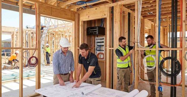 Male homeowner and male low-voltage contractor reviewing smart home wiring plans while Ethernet cabling, security wiring, audio cables, and automation infrastructure are installed in a luxury home under construction.