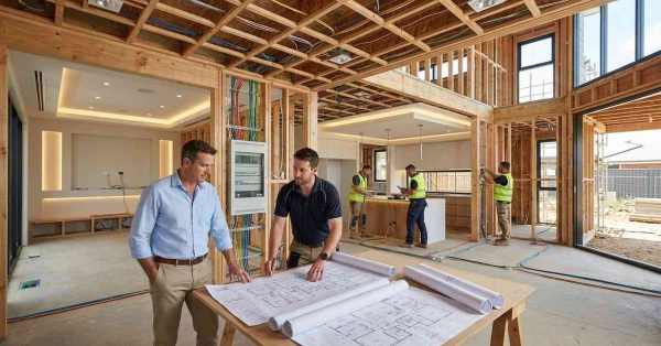 Male homeowner and male lighting designer reviewing a smart lighting master plan while electricians install automated lighting infrastructure, dimmers, sensors, and LED systems in a luxury home under construction.