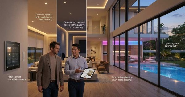 Male homeowner and male smart home designer exploring luxury whole-home lighting automation with architectural lighting, motorized shades, and premium smart home controls in a modern residence.