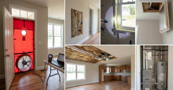 Newly constructed suburban home undergoing energy code inspection with insulation, air sealing, efficient windows, HVAC systems, blower door testing equipment, and building envelope details visible throughout the property.