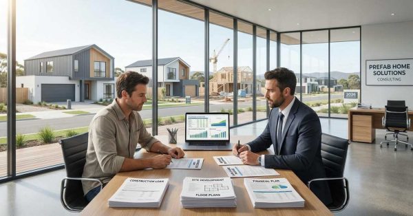 Male homebuyer and male mortgage specialist reviewing prefab home financing options, loan documents, and construction budgets beside a modern prefab home in an Australian residential setting.