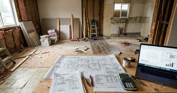 Suburban home renovation showing unfinished rooms, construction delays, misplaced materials, change order documents, and project planning issues that illustrate common contractor mistakes involving poor project management and coordination.