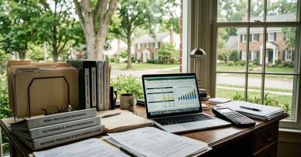 Long-owned suburban home with retirement planning documents, home sale paperwork, tax records, and financial projections, illustrating how a profitable home sale can affect Medicare premiums and retirement income planning.
