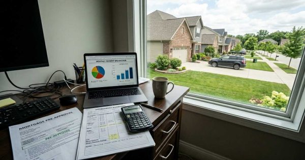 Modern suburban home with mortgage affordability documents, budgeting materials, calculator, and financial planning tools, representing the income and financial preparation needed to qualify for a $400,000 mortgage.