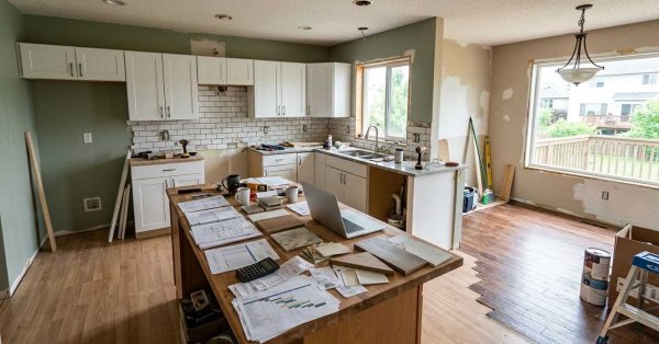 Partially renovated suburban home showing mismatched finishes, cabinet installation issues, tile mistakes, poor lighting, unfinished details, budget planning documents, and common remodeling errors that homeowners often regret.