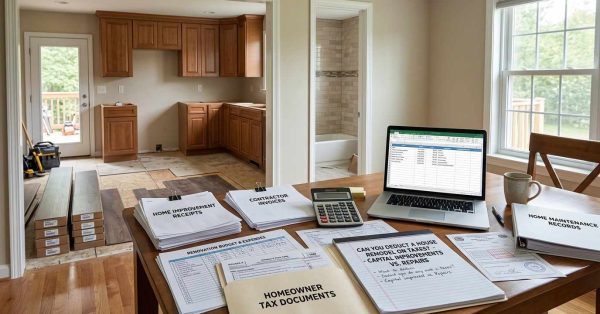 Suburban home undergoing remodeling with renovation receipts, contractor invoices, budgeting documents, and financial records organized on a table, illustrating the tax implications of home improvement projects.