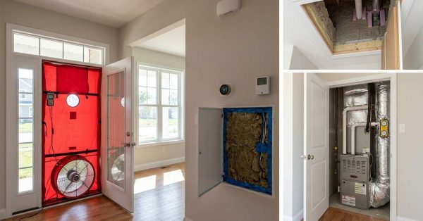 Newly completed energy-efficient suburban home undergoing ENERGY STAR verification with blower door testing equipment, sealed HVAC systems, attic insulation, efficient windows, ventilation systems, and building-performance inspection features visible throughout the property.