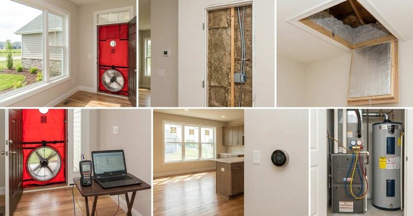 Newly completed energy-efficient suburban home undergoing ENERGY STAR verification with blower door testing equipment, sealed HVAC systems, attic insulation, efficient windows, ventilation systems, and building-performance inspection features visible throughout the property.
