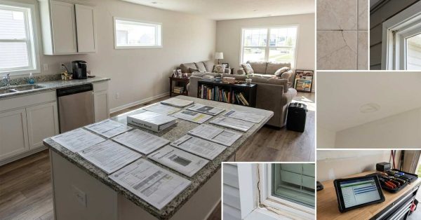 Occupied one-year-old suburban home showing common builder warranty inspection items including drywall cracks, nail pops, grout issues, flooring gaps, caulking shrinkage, drainage concerns, and other first-year settlement-related defects.
