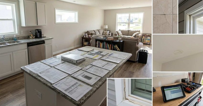 Occupied one-year-old suburban home showing common builder warranty inspection items including drywall cracks, nail pops, grout issues, flooring gaps, caulking shrinkage, drainage concerns, and other first-year settlement-related defects.